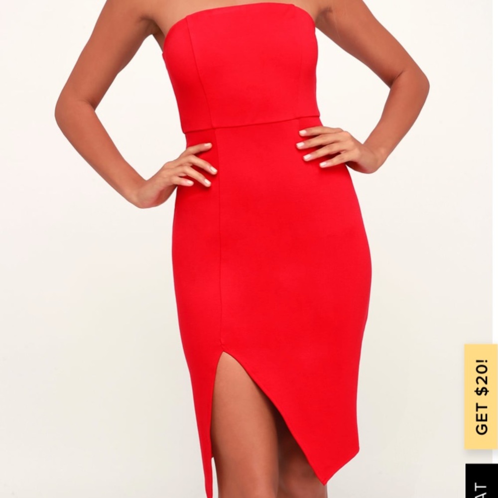 Red strapless body-con dress